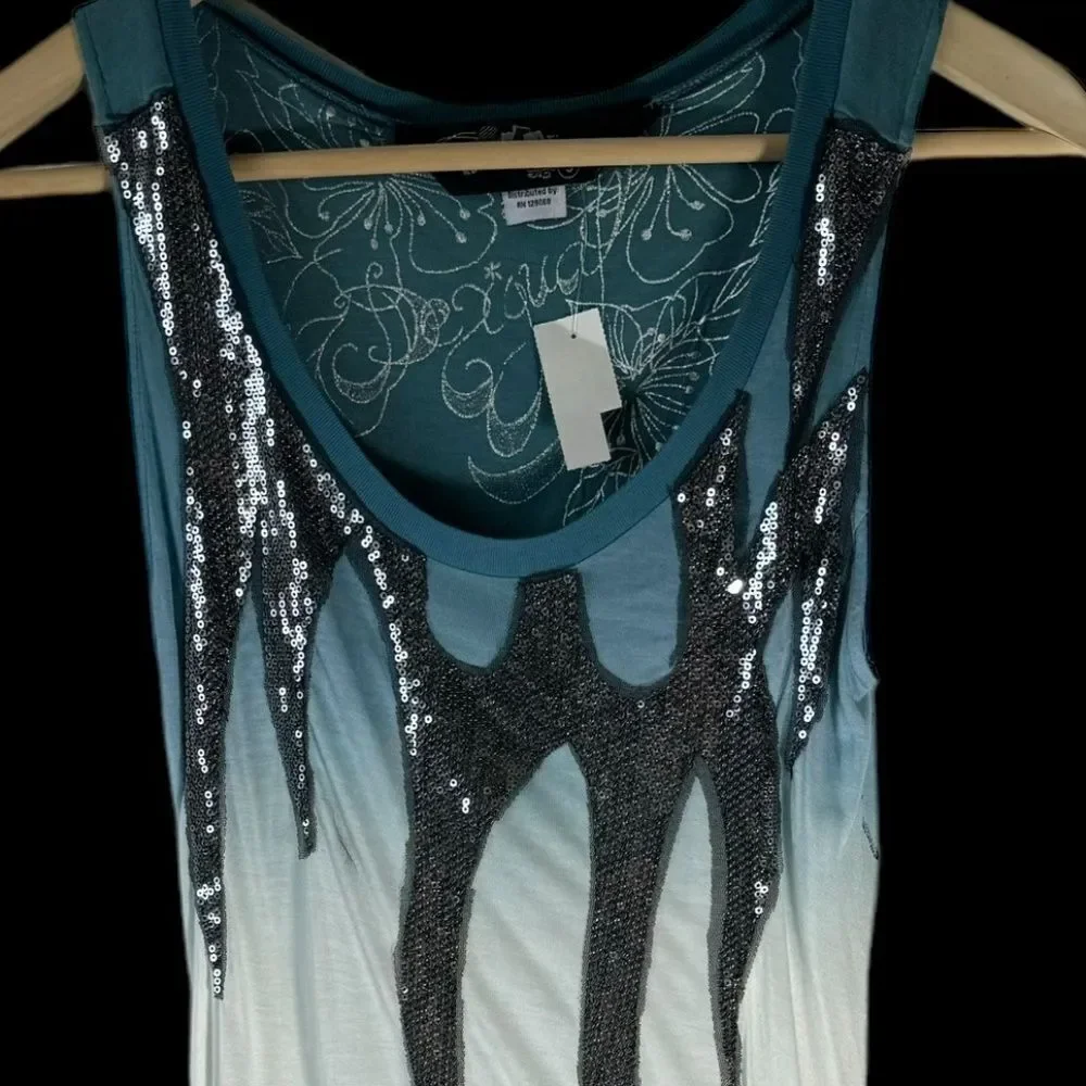 Desigual‎ White/Blue/Black Drawstring Waist Sequin Detailed Bodice Dress Sz S